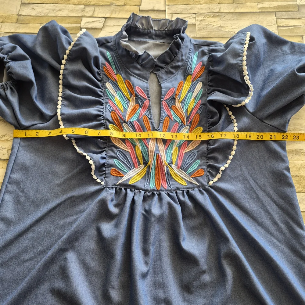 Fashion Blouse Size XL Denim Embroidered Boho Peasant Puff Sleeves Cottagecore - Picture 3 of 9